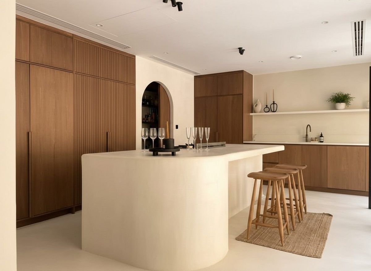 A calm, earthy Halo kitchen in natural wood and stone